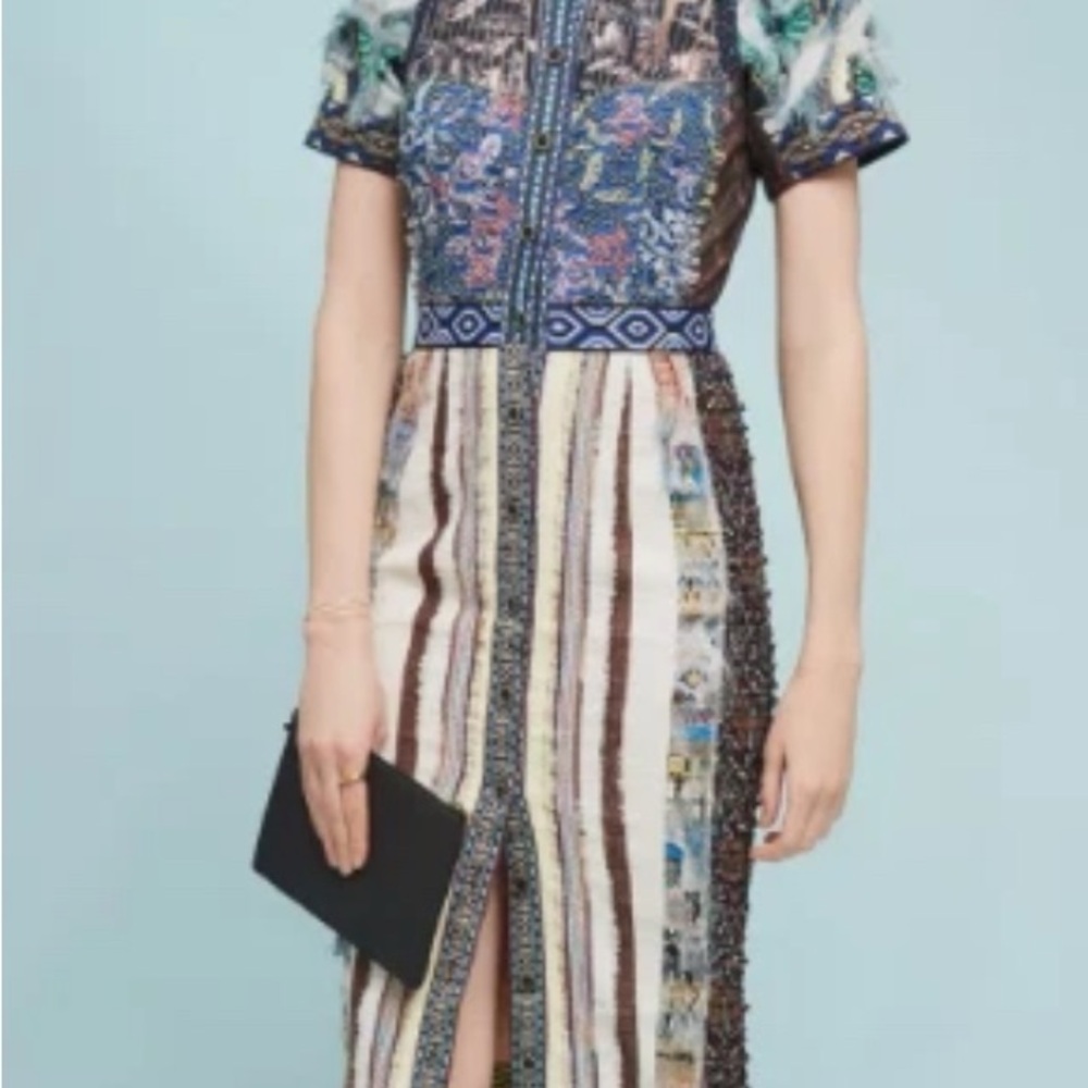 Byron Lars Blue and White Sheath Dress with Puff Sleeves